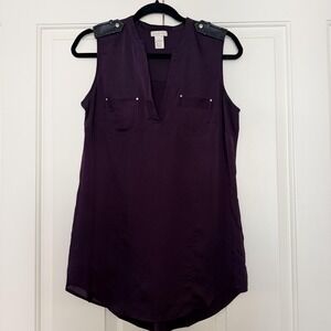 VTG Y2K Caché Top M Purple Sleeveless Tunic V Neck Studded Pockets Summer Blouse